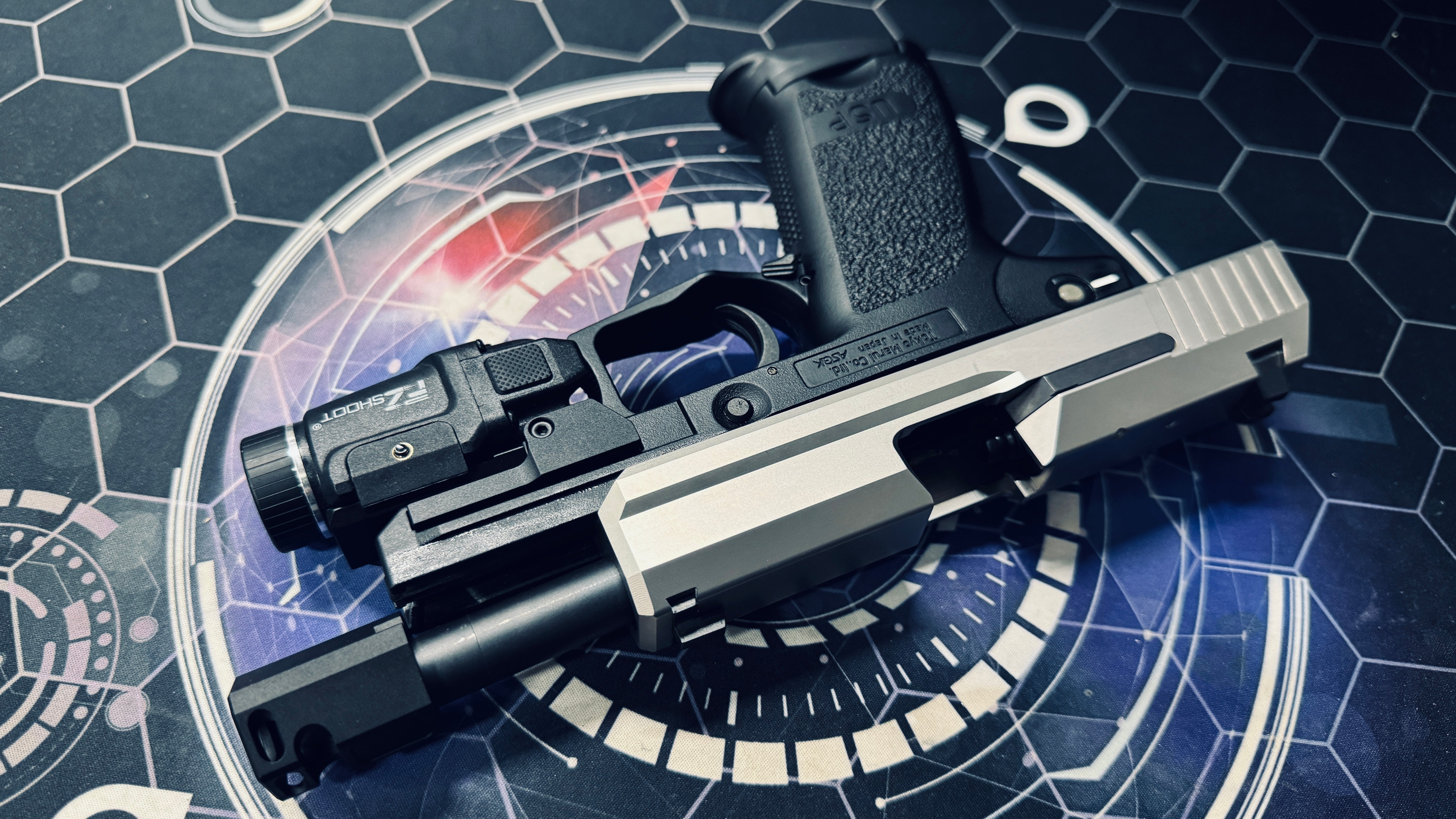 Custom Tokyo Marui / Guarder Stainless Steel USP Compact Gel Blaster - Compensator + Torch - Image 6