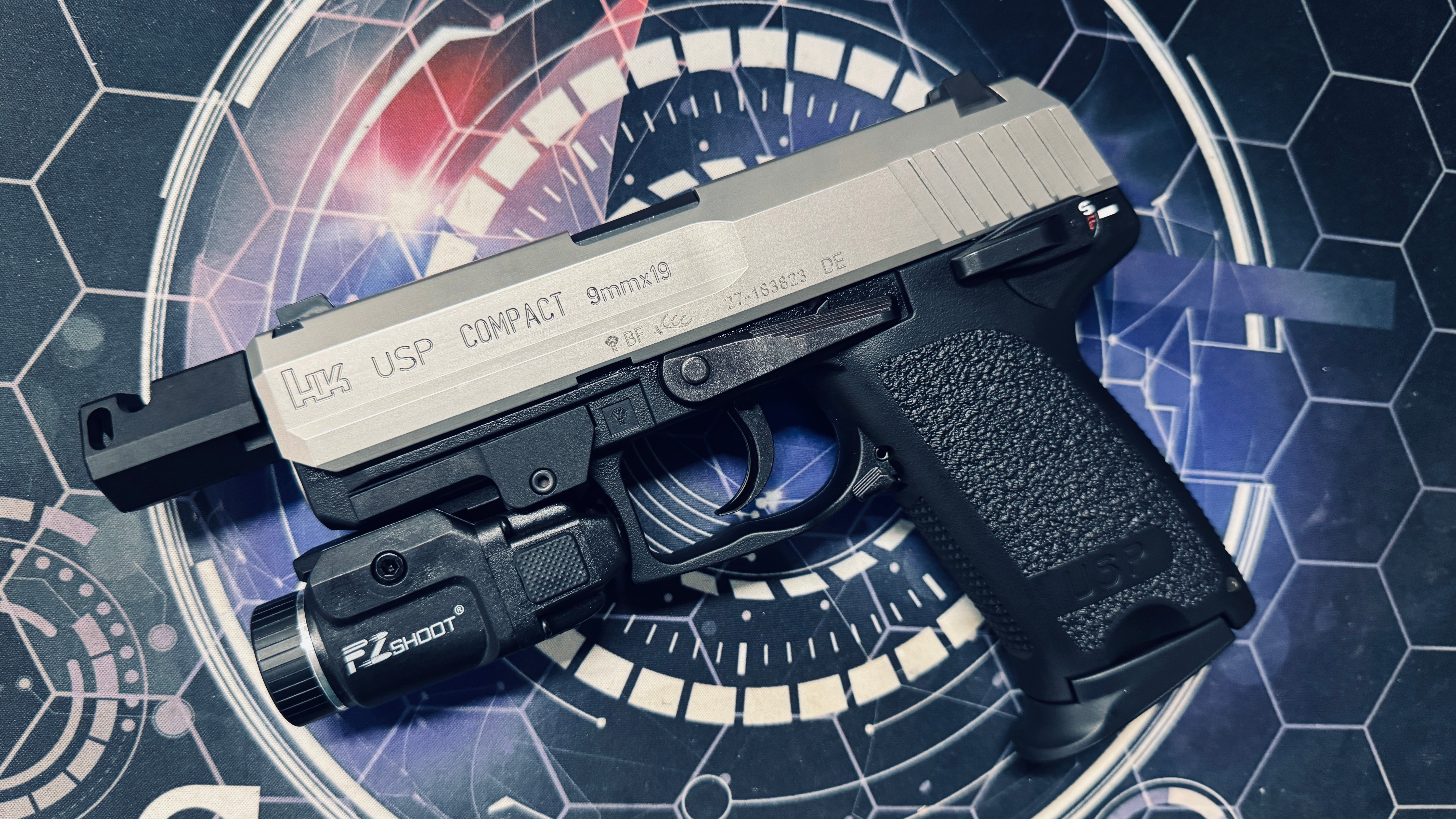 Custom Tokyo Marui / Guarder Stainless Steel USP Compact Gel Blaster - Compensator + Torch - Image 4