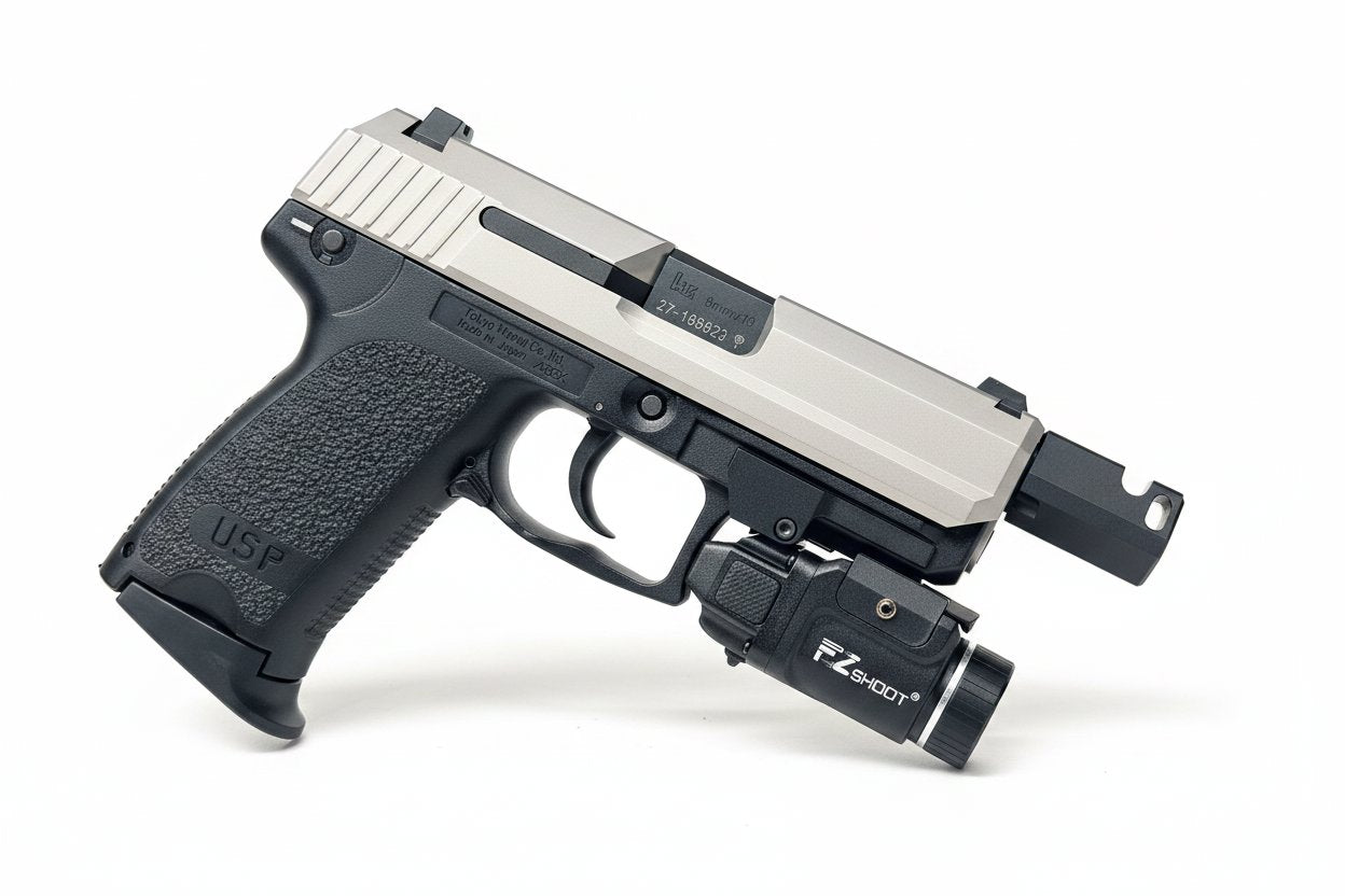 Custom Tokyo Marui / Guarder Stainless Steel USP Compact Gel Blaster - Compensator + Torch